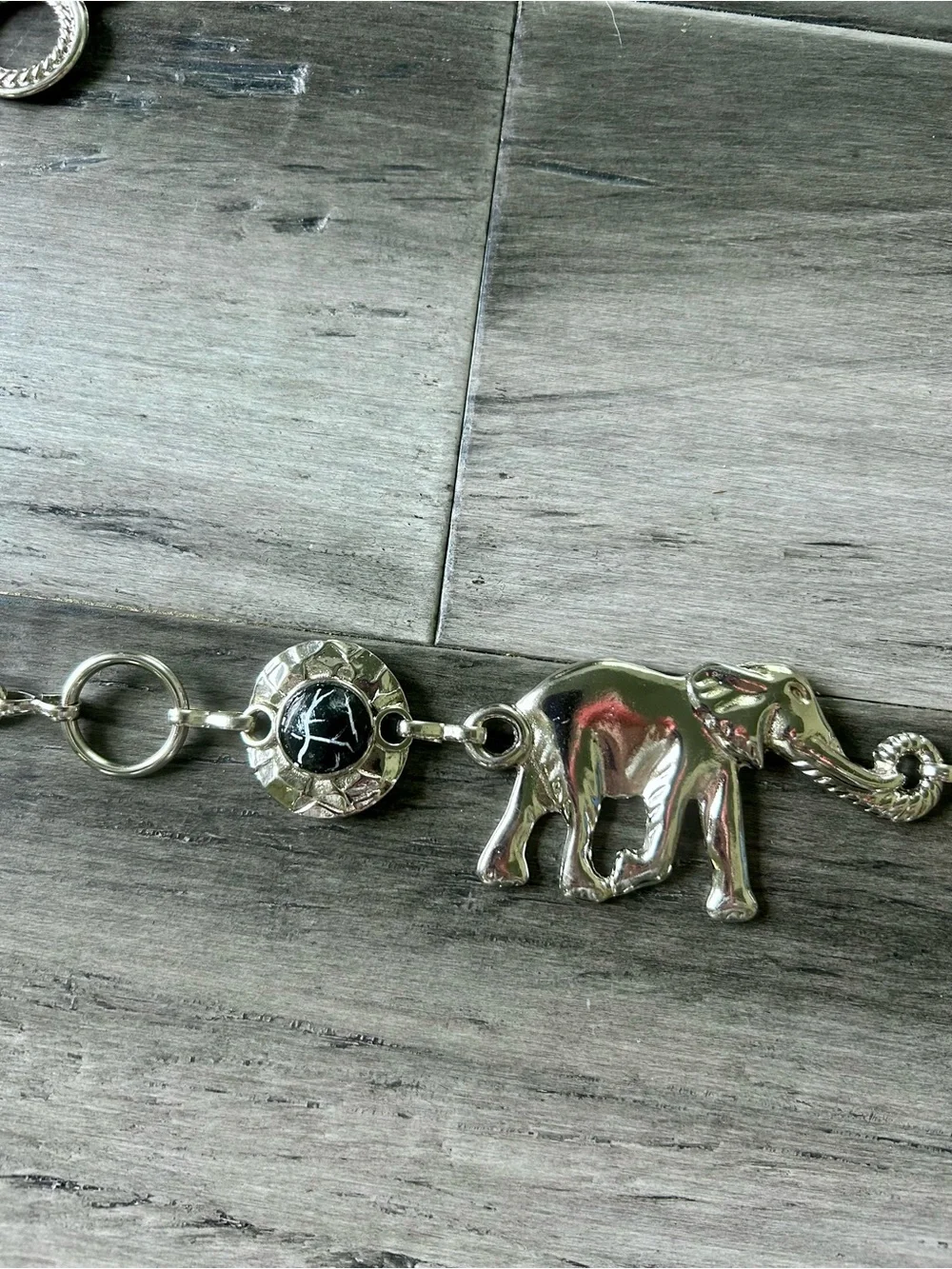 Vintage 90s Silver Plated Elephant Chain Belt w/ Faux Marble Stones
